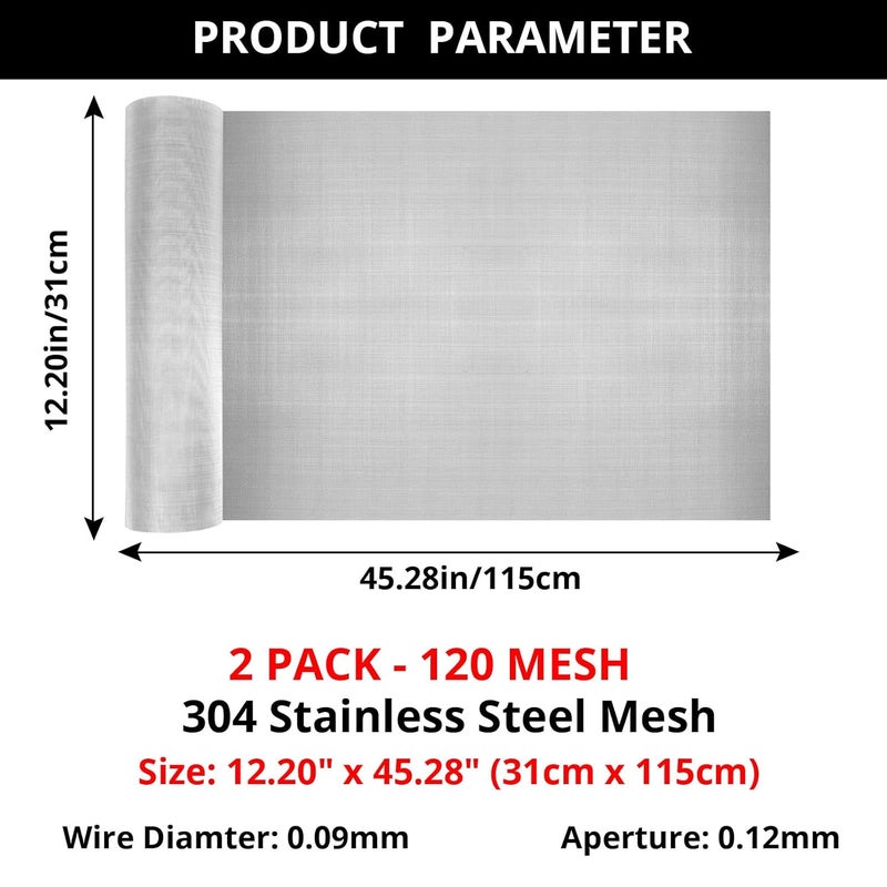 ANGELIOX 2 Pack 304 Stainless Steel Woven Wire Mesh 120 Mesh Ultra Fine, Metal Filter Screen Mesh Sheet 12"x45"0.125mm Hole Filtration Cloth for Home,Kitchen,Food, Garden,Window,Air Vent - Image 3